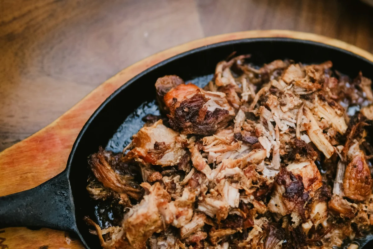 Pulled pork in a cast-iron skillet